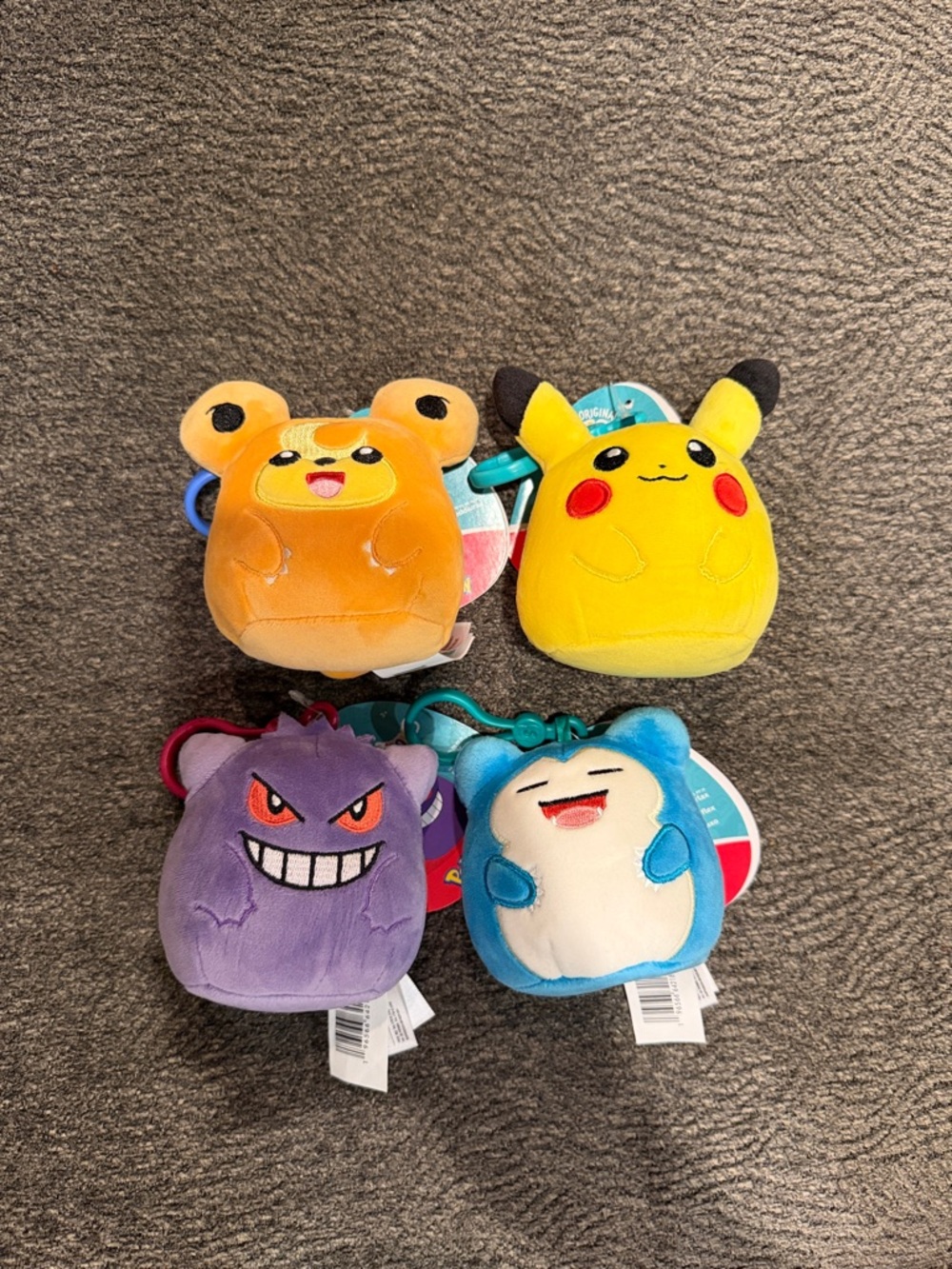 Squishmallows Pokémon Plush Clip Keychain Set - Pikachu Snorlax Teddiursa Gangar
